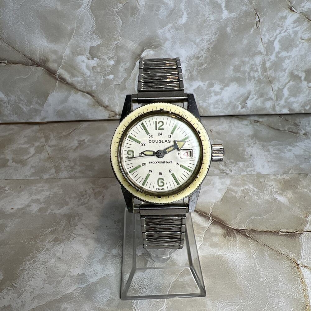 Vintage Douglas Skin Diver Manual Wind World Time Watch Luminous Hands France